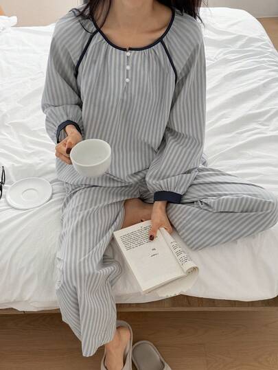 DAZY Striped Color Block Lantern Sleeve Loose Women Pajama Set