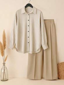 Franclia Conjunto de 2 piezas de camisa a rayas y pantalones de unicolor, estilo casual y cómodo para talla grande - Multicolor - Ver 1