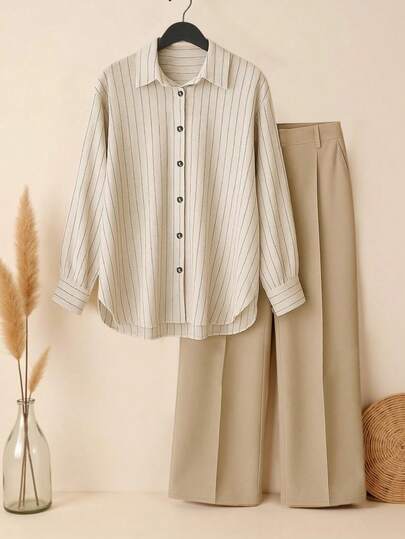 Franclia Plus Size Casual Commuter Striped Shirt And Solid Color Pants 2 Pieces Set