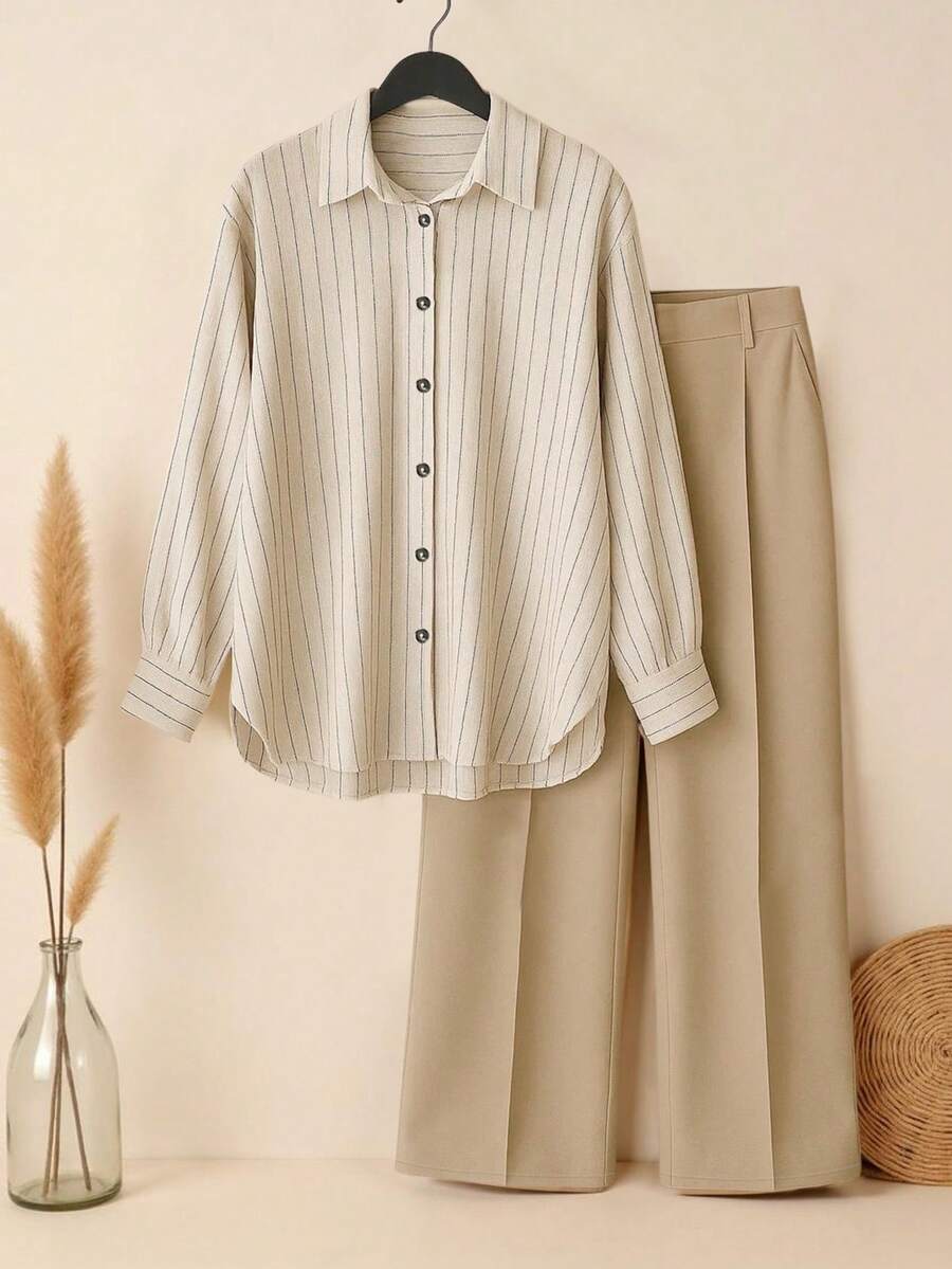 Franclia Conjunto de 2 piezas de camisa a rayas y pantalones de unicolor, estilo casual y cómodo para talla grande - Multicolor - Ver 1