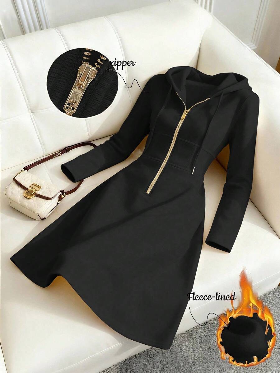 GlowEve 女士针织金色拉链装饰连帽卫衣连衣裙，法式休闲日常通勤时尚，法式优雅街头复古百搭假日商务米色/象牙色长袖连衣裙，秋冬款