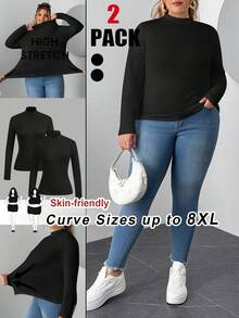 SHEIN CURVE+ The Plus Size Women's Two Pieces High Neck Tight Fitting Long Sleeved Base T-Shirt Set Is Suitable For Autumn And Winter. Two Pieces Set Of Black And White T-Shirts - Black - View 2