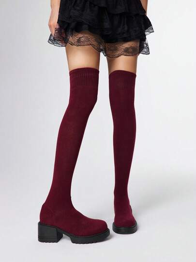 Women's Solid Color Fashionable Versatile Casual High Heel Over-The-Knee Boots, Suitable For Daily Outings, Autumn/Winter