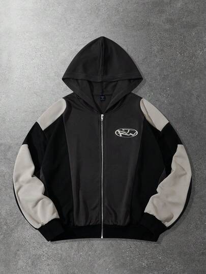 Street Life بلوزة هوديي رجالية مطبوعة بنمط هندسي مرقّع مع سحاب للخريف/الشتاء