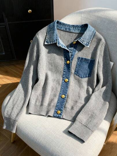 Juhart 复古优雅组合，牛仔拼布针织上衣，牛仔领精致复古，口袋设计实用又时尚，撞色搭配时尚吸睛秋冬外套