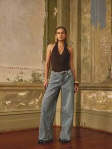 Aralina Jeans in denim lavato a vita alta con orlo grezzo, gamba ampia, stile vintage, linea dritta, casual da strada - Lavaggio chiaro - Visualizzare 9