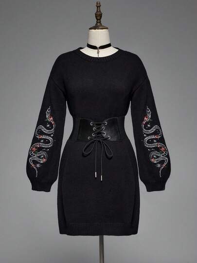 Goth Gothic Snake Embroidery Pullover Sweater Dress For Women