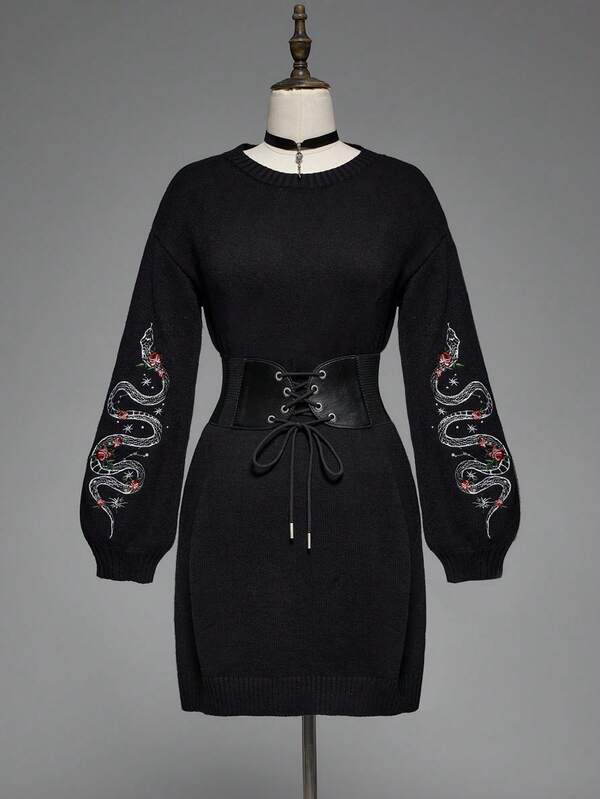 ROMWE Goth Gothic Snake Embroidery Pullover Sweater Dress For Women