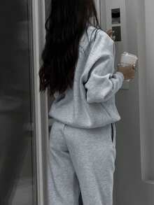 SHEIN x Carly Lawrence INAWLY 女士爱心刺绣拉链半开襟落肩长袖卫衣和抽绳运动裤休闲两件套 - 灰色 - 查看 2