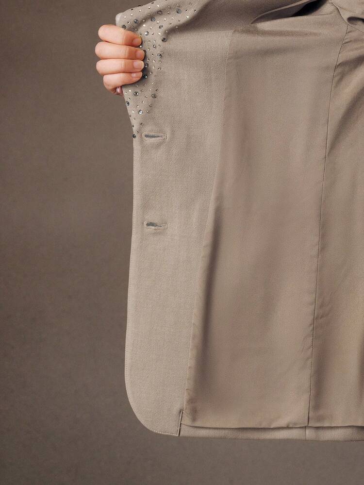 Veste blazer pour femmes à manches longues avec ornements de strass sur le revers, nouvelle collection printemps et automne + Pantalon de costume femme à taille haute drapé. Ensemble de costume pour le bureau ou les soirées