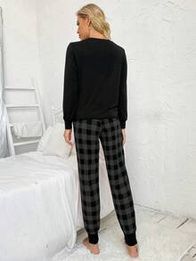 Lazeform Women's Plaid Print Long Sleeve Pajama Set With Pockets, Fall Winter Clothes - Dark Grey - View 3