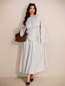 Elaquor Plus Size Round Neck Raglan Sleeve Ruched Striped Dress - Apricot - View 3