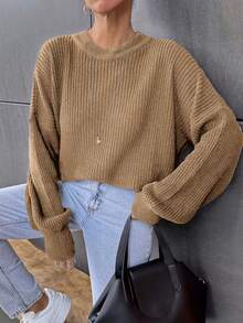 EURMUSE Suéter casual de cor sólida com ombros caídos, outono/inverno - Camelo - Ver 7