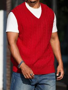 Manfinity Homme Chaleco sin mangas de punto de cable de unicolor con cuello en V para hombre - Rojo - Ver 6