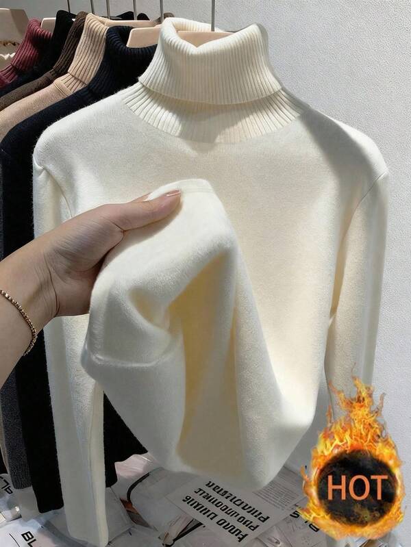 Regalyn Camiseta de manga larga con cuello alto minimalista de unicolor y cálida para tallas grandes