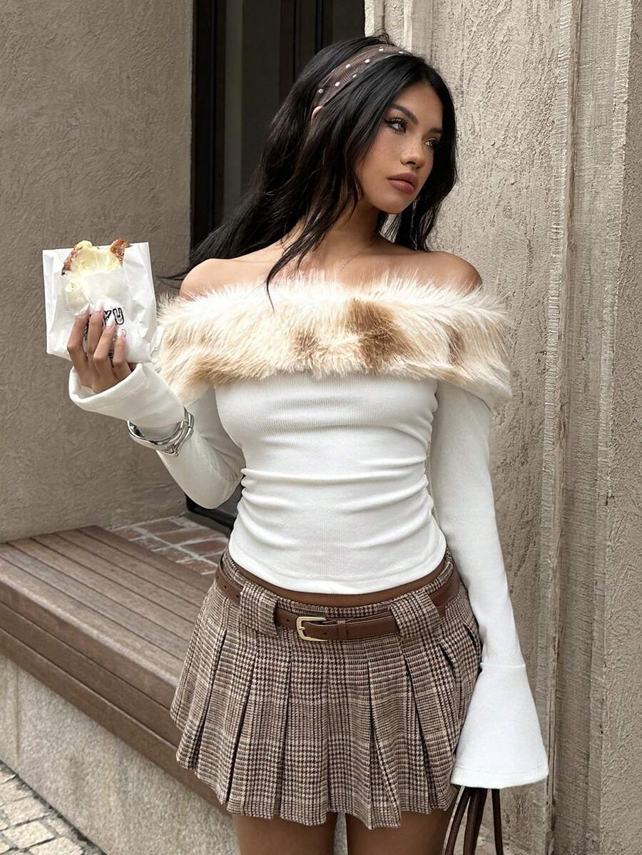 SHEIN EZwear Áo thun bó sát trễ vai cổ lông tối giản màu tương phản dành cho nữ, Trang phục hàng ngày, Giáng sinh dành cho nữ, Năm mới dành cho nữ, Thu đông dành cho nữ, Đi chơi đêm, Tiệc tùng - trắng - Xem 1