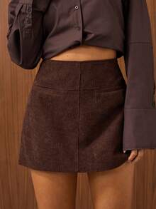 SHEIN BAE 女士纯色高腰短款直筒休闲裙 - 咖啡棕 - 查看 1
