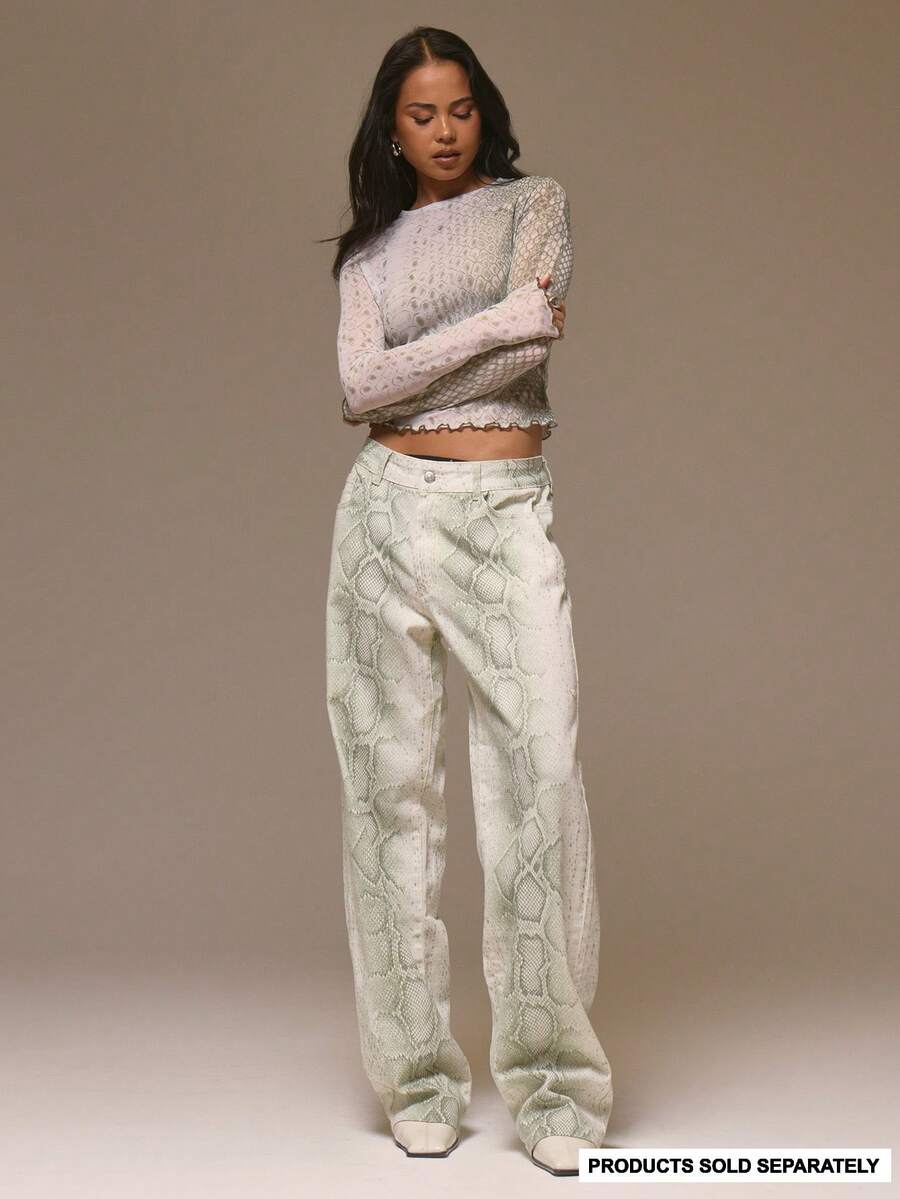 MUSERA 水洗蛇纹阔腿牛仔裤，酷女孩街头风，可爱秋冬春夏款 - 綠色 - 查看 1
