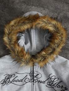 ROMWE MEN Street Life Áo hoodie nam tay dài, cổ lông xù, in họa tiết, dáng rộng, có khóa kéo. - Xám - Xem 3