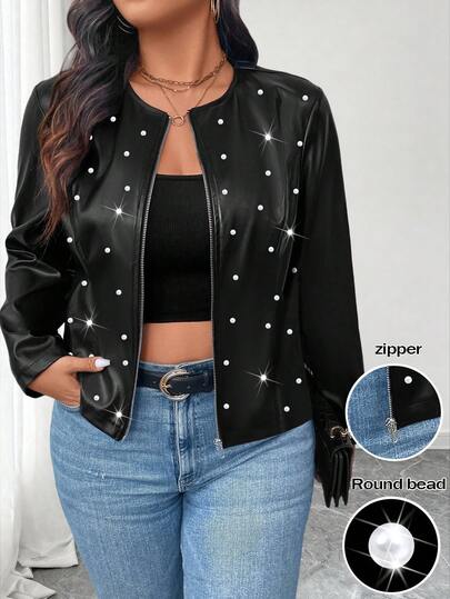 Elenzga Plus Size Women's PU Leather Jacket, Round Neck, Studded, Zipper Design, Minimalist & Fashionable