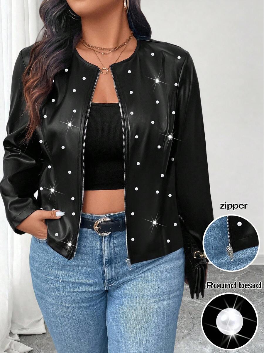 Elenzga Plus Size Women's PU Leather Jacket, Round Neck, Studded, Zipper Design, Minimalist & Fashionable - Black - View 1