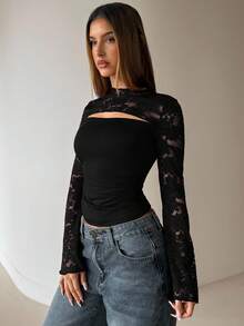 Aloruh 时尚性感黑色蕾丝拼接镂空喇叭袖女式T恤