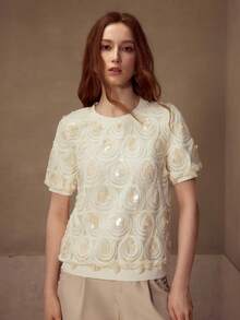 MOTF PREMIUM Top in maglia lavorata a trama con paillettes e maniche a palloncino, alla moda, elegante, di lusso - Albicocca - Visualizzare 4
