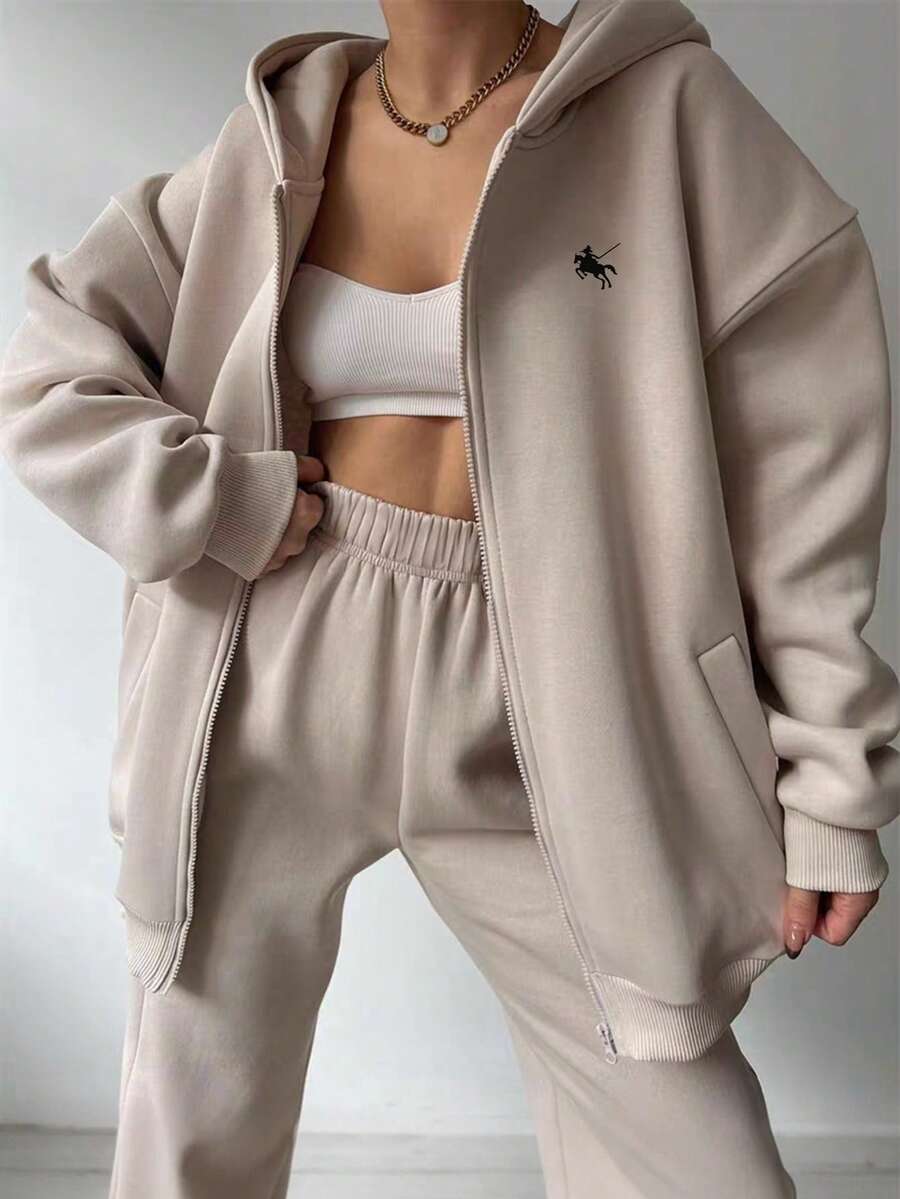 INAWLY Bộ 2 áo hoodie rộng rãi thoải mái có họa tiết in và quần ống rộng có dây rút ở eo - Màu be - Xem 1