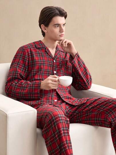 SHEIN EverLounge Plaid Casual Lapel Top And Pants Pajama Set, Comfortable And Elegant Details, Autumn Clothing, British Gentleman Tartan Elegant Loungewear Set For Men