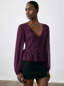 Aveloria Modichic Fitted Purple Chiffon Blouse With Ruffle Sleeves For Women - Purple - View 4
