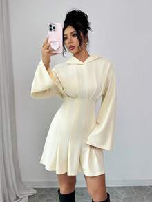 Elenzga 女士秋冬针织连帽腰部褶裥下摆中长连衣裙，优雅设计，适合万圣节、圣诞节、新年派对、毕业典礼、角色扮演等场合，浅卡其色 - 杏色 - 查看 1