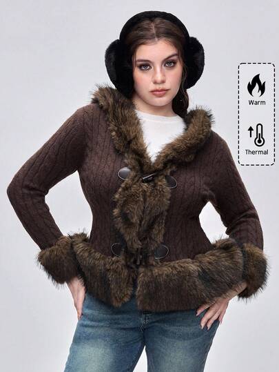 Kawaii Plus Size Vintage Brown Fuzzy Patchwork Long Sleeve Sexy Deep V Knit Cardigan Sweater, Autumn/Winter Long Sleeve Cardigan Top For Women