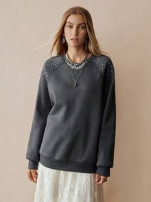 Chiquease Women's Elegant Rhinestone Embellished Sweatshirt, Autumn/Winter - Dark Grey - View 7