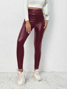 SHEIN Essnce Women's Fashion Casual High Waist Long PU Leggings,Fall,Fall Clothes For Women,Winter Clothes For Women - Red Violet - View 4