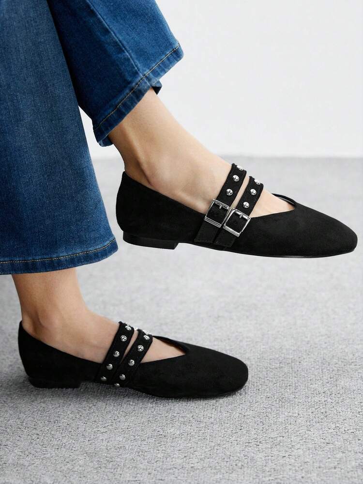 CUCCOO BIZCHIC Bailarinas negras de estilo Mary Jane con punta cuadrada y sin cordones para mujer