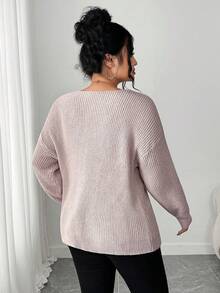 Elenzga 女式休闲 V 领长袖宽松加大码毛衣，适合秋冬季外套 - 粉色 - 查看 3