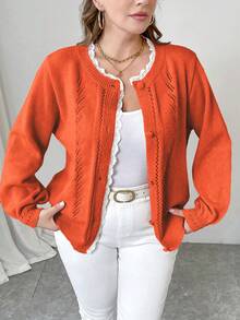 SHEIN Clasi 大码女式纯色蕾丝宽松休闲开衫，秋冬款 - 橘色 - 查看 3
