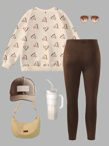 2pcs/Set Cute Rabbit & Heart Print Top, Girls Crew Neck Sweatshirt And Leggings Set, Fashionable Casual, Suitable For Autumn/Winter - Multicolor - View 4