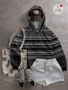 Attitoon 休闲简约街头风复古不对称黑灰条纹印花卫衣，适合秋冬季节，百搭复古、学院风、性感、可爱、Y2K、椰子女孩、波西米亚风、嬉皮风、音乐节风格 - 彩色 - 查看 1