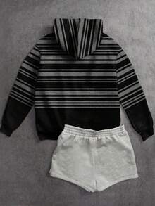 Attitoon 休闲简约街头风复古不对称黑灰条纹印花卫衣，适合秋冬季节，百搭复古、学院风、性感、可爱、Y2K、椰子女孩、波西米亚风、嬉皮风、音乐节风格 - 彩色 - 查看 2