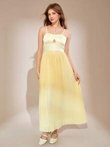 少女长款黄色褶皱雪纺连衣裙，新款落地无袖连衣裙 - 黃色 - 查看 3