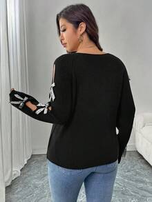 SHEIN LUNE Plus Size Hollow Out Casual Knit Sweater With Playful Sequin Bow Decor Bow Top Women Black Sweater Winter Party Graduation Elegant Sequin Elegant Graduation Christmas New Year Winte Shiny - Black - View 8