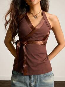 Easelle Women's Cross-Strap Backless Camisole Top For Commuting, Brown, Autumn/Winter Inner Layer, Retro Holiday Style. - Coffee Brown - View 4