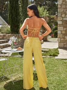 KARISMINA 2 件套女士夏季黄色纯色编织露肩露背短款上衣和高腰阔腿裤波西米亚风套装女士套装两件套女士外出度假夏装女士沙滩度假装两件套，可爱夏季套装，欧洲夏季 - 芥末黃 - 查看 4