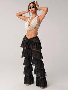 SHEIN ICON Y2k 女式 V 字前腰西部派对分层荷叶边下摆蕾丝低腰长裤 - 黑色 - 查看 5