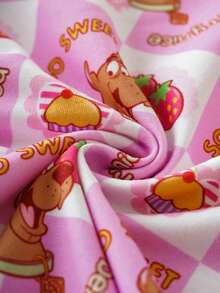 SCOOBY-DOO X SHEIN Bộ đồ liền thân dệt kim dài tay cổ tròn in họa tiết chú chó con hoạt hình dễ thương cho bé gái, dâu tây, bánh kem, kẻ sọc - Hồng - Xem 4