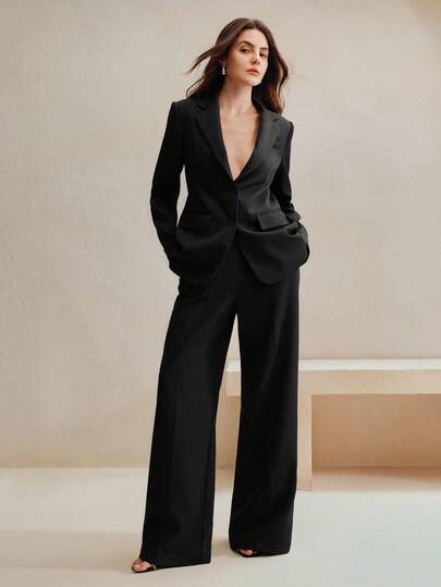 Anewsta 2pcs Urban Chic Retro Women's Suit Set, Maillard Color Blazer Jacket + Straight Leg Pants