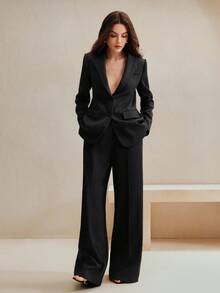 Anewsta 2pcs Urban Chic Retro Women's Suit Set, Maillard Color Blazer Jacket + Straight Leg Pants