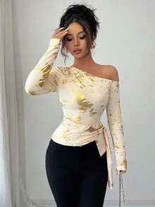 Elenzga 大码女式箔肩不对称下摆长袖时尚T恤 - 杏色 - 查看 7