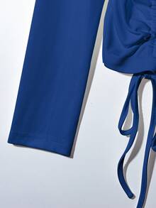 Franclia Fashionable Women's Royal Blue Square Neck Long Sleeve T-Shirt With Zipper And Ruched Sides - Royal Blue - View 5